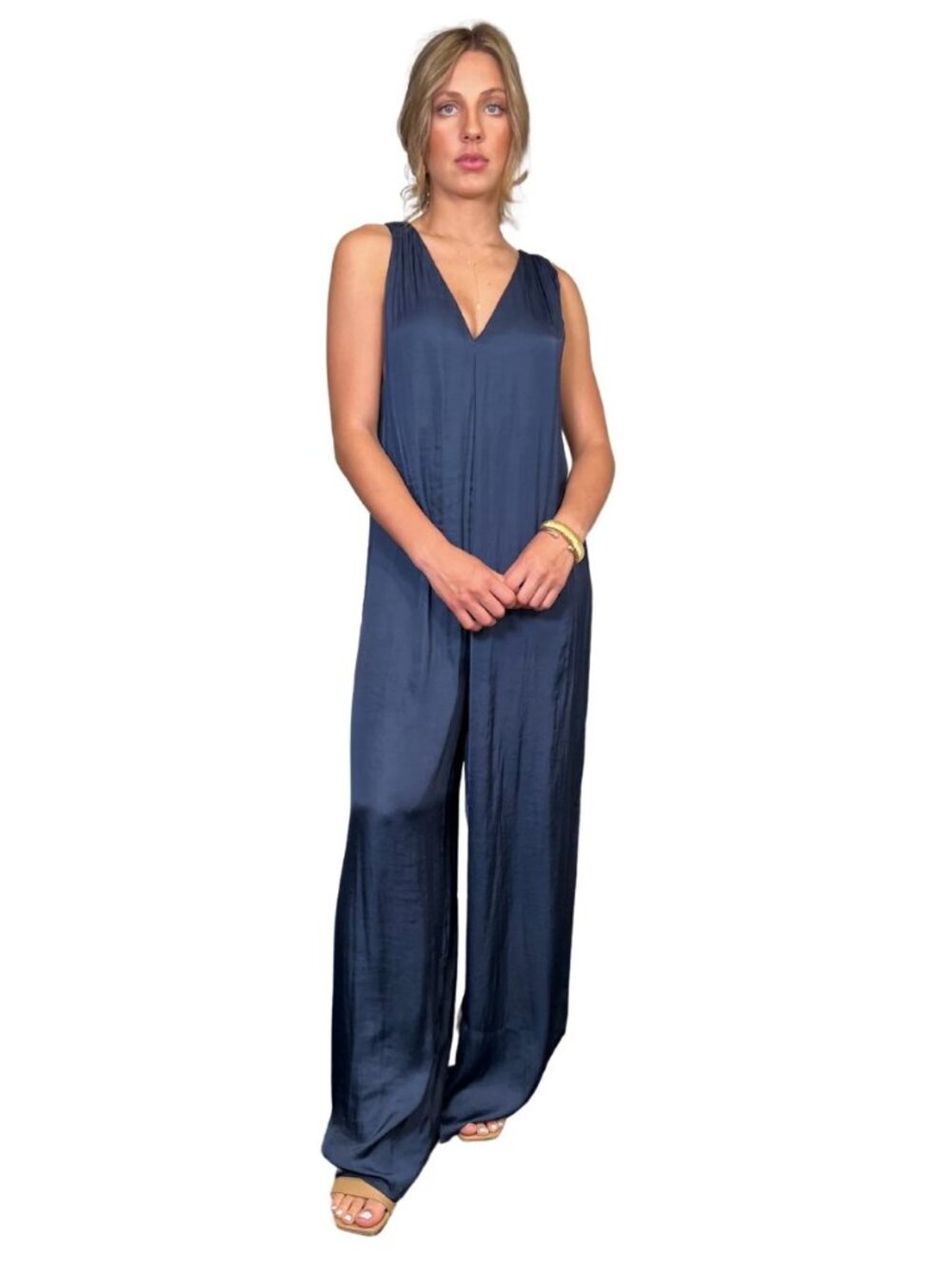 Lucy In Paris Navy Blue Liora Sleeveless Wide-Leg V-Neck Satin Jumpsuit sz L